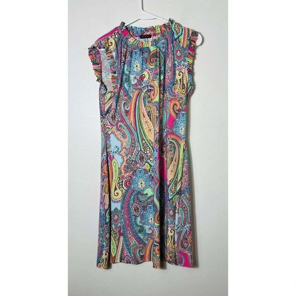 Tommy Hilfiger Paisley Print Mini Dress Sz 10 Ruffle Neckline Jersey Travel Knit